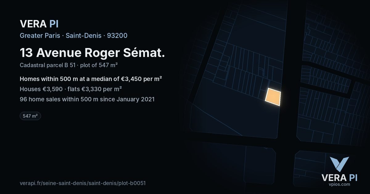 13 Avenue Roger Sémat, Saint-Denis at night – the plot lit, the parcels around coloured by the prices near them