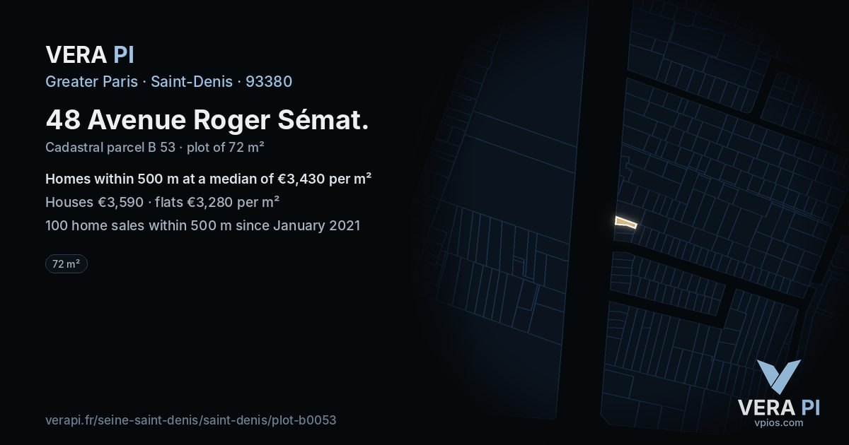 48 Avenue Roger Sémat, Saint-Denis at night – the plot lit, the parcels around coloured by the prices near them