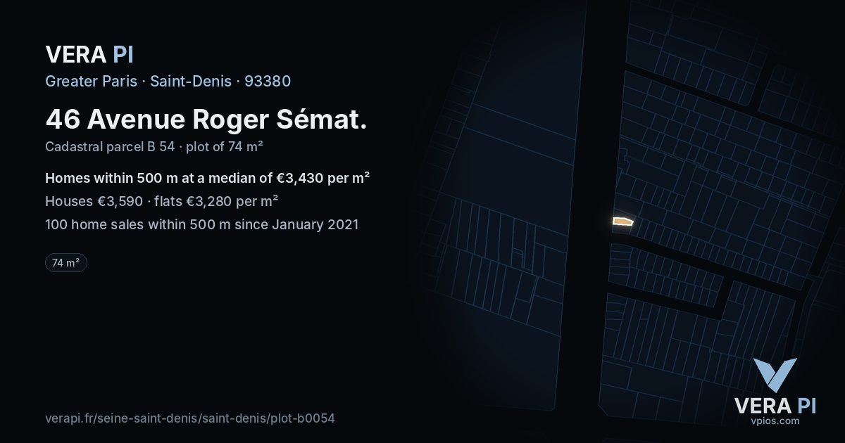 46 Avenue Roger Sémat, Saint-Denis at night – the plot lit, the parcels around coloured by the prices near them