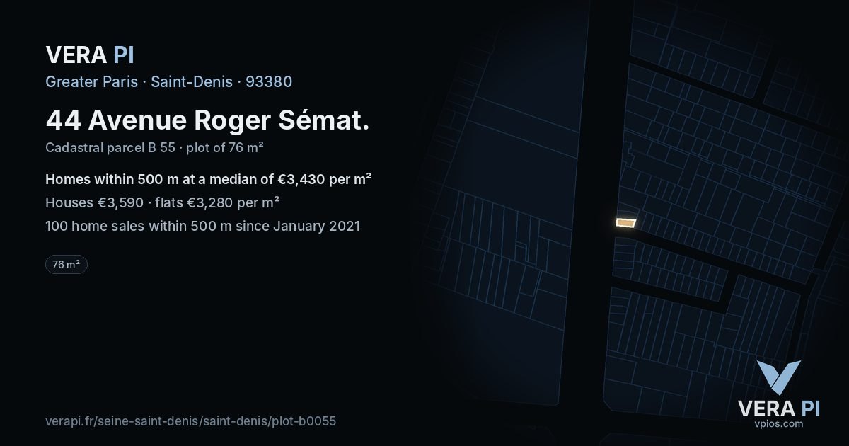 44 Avenue Roger Sémat, Saint-Denis at night – the plot lit, the parcels around coloured by the prices near them