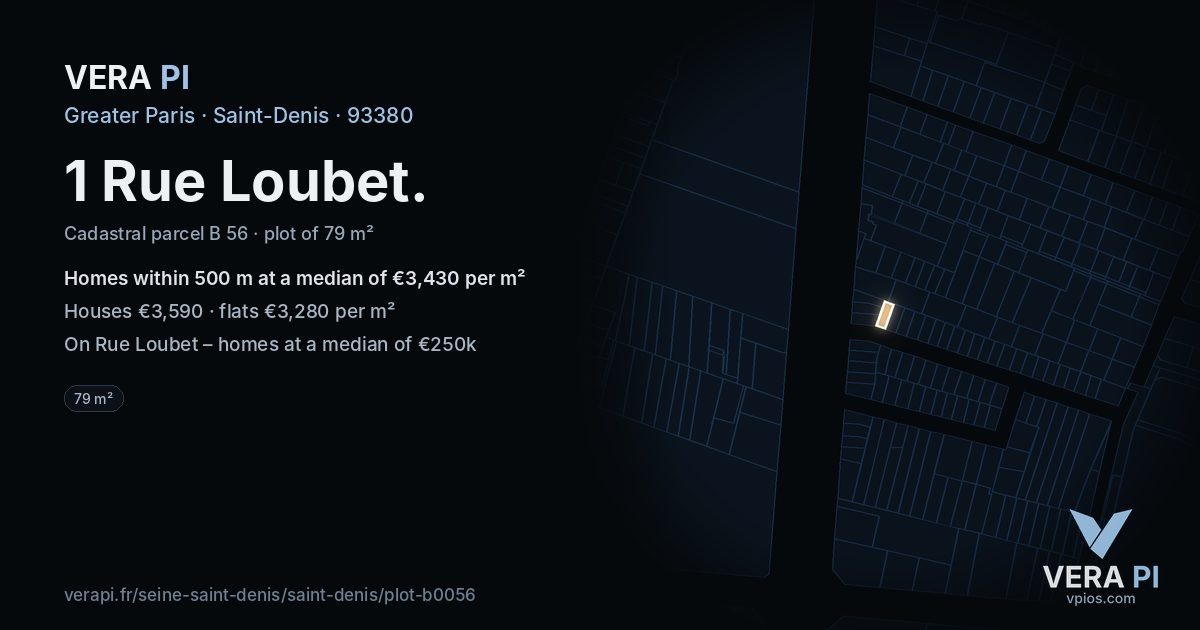 1 Rue Loubet, Saint-Denis at night – the plot lit, the parcels around coloured by the prices near them