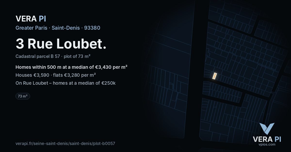 3 Rue Loubet, Saint-Denis at night – the plot lit, the parcels around coloured by the prices near them