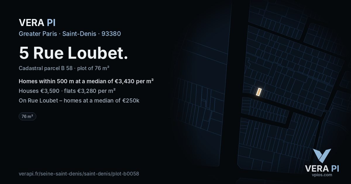 5 Rue Loubet, Saint-Denis at night – the plot lit, the parcels around coloured by the prices near them
