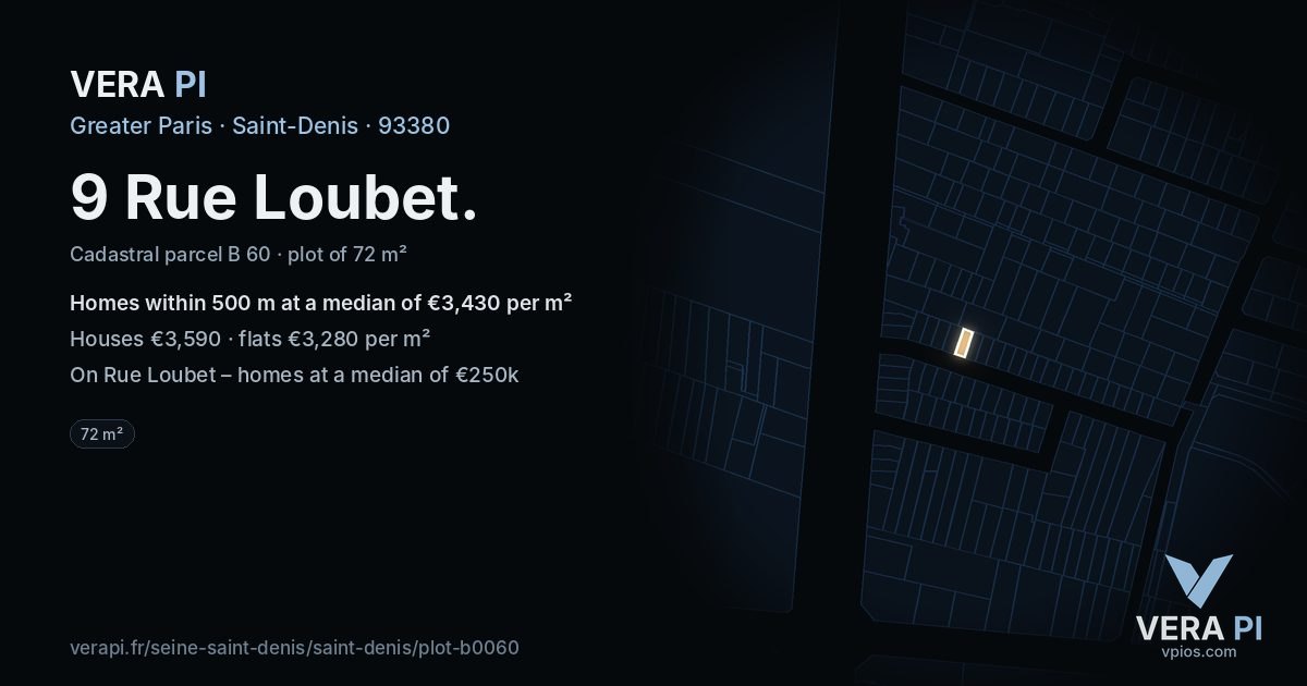 9 Rue Loubet, Saint-Denis at night – the plot lit, the parcels around coloured by the prices near them