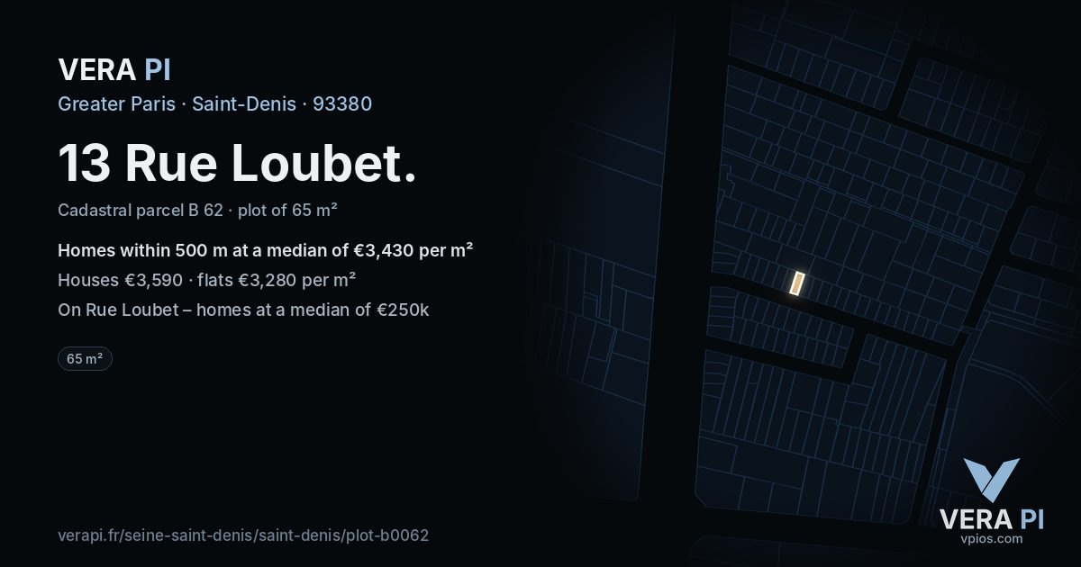13 Rue Loubet, Saint-Denis at night – the plot lit, the parcels around coloured by the prices near them