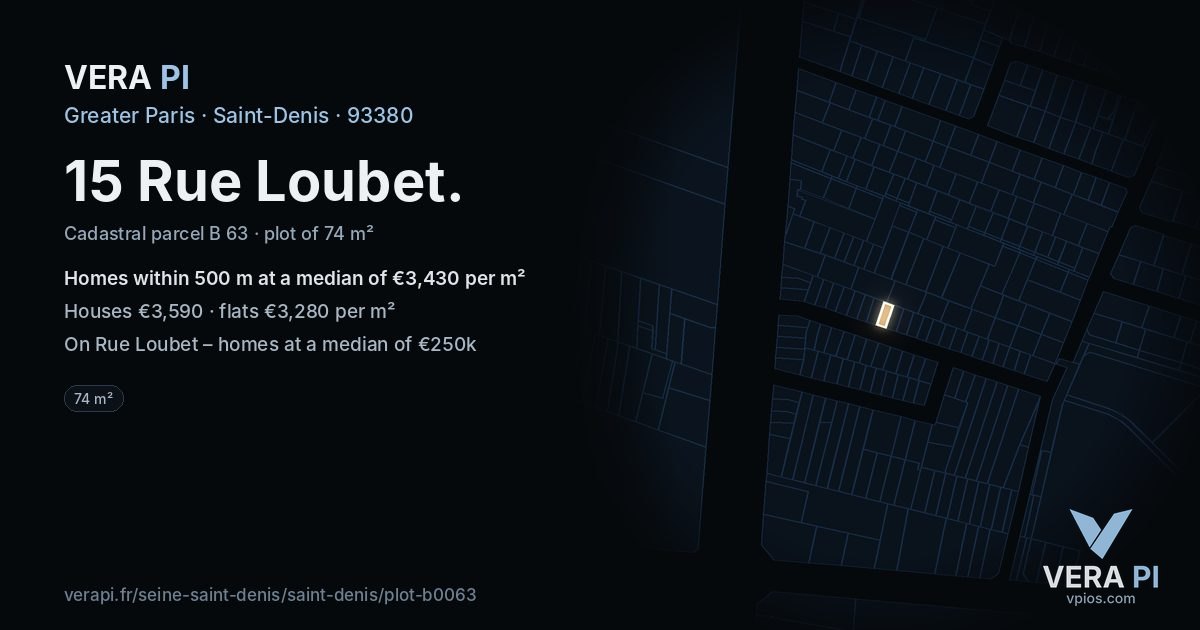 15 Rue Loubet, Saint-Denis at night – the plot lit, the parcels around coloured by the prices near them