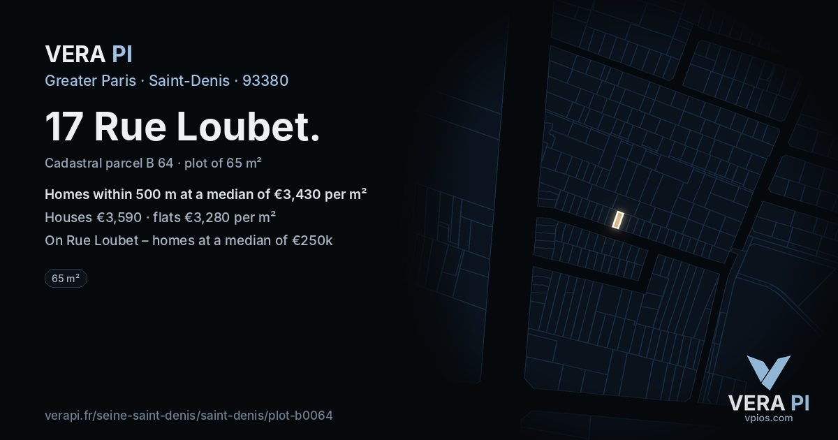 17 Rue Loubet, Saint-Denis at night – the plot lit, the parcels around coloured by the prices near them