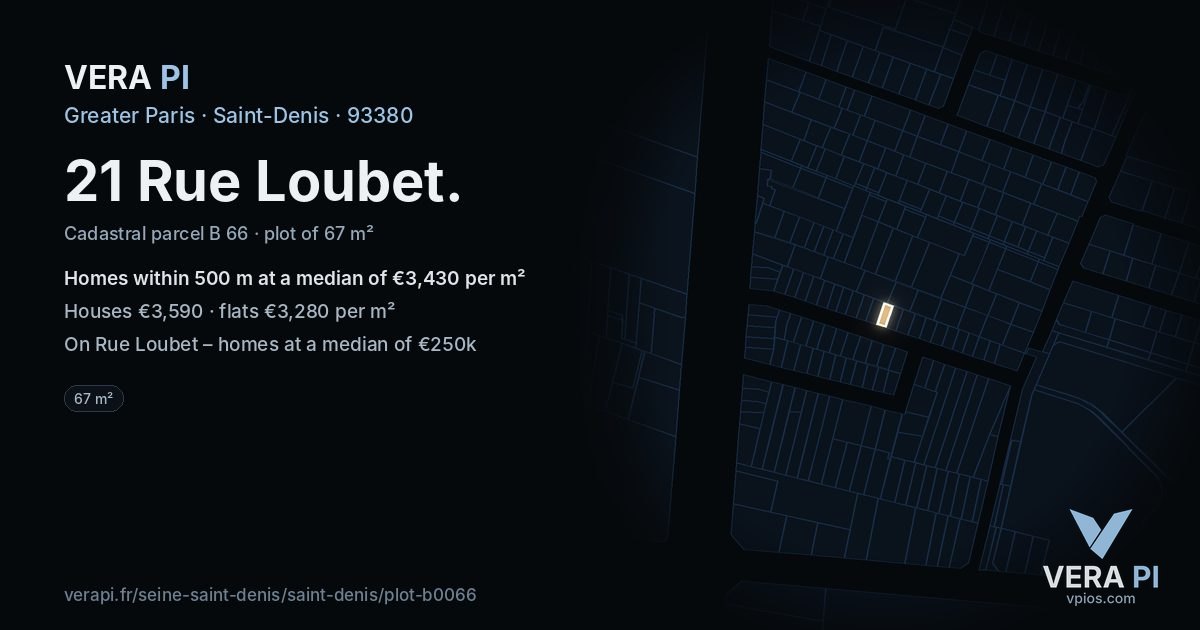 21 Rue Loubet, Saint-Denis at night – the plot lit, the parcels around coloured by the prices near them