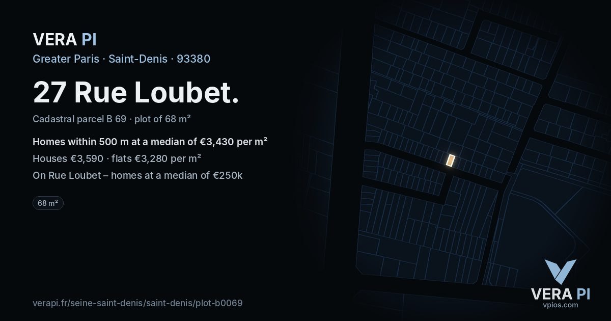 27 Rue Loubet, Saint-Denis at night – the plot lit, the parcels around coloured by the prices near them