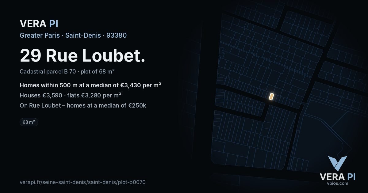 29 Rue Loubet, Saint-Denis at night – the plot lit, the parcels around coloured by the prices near them