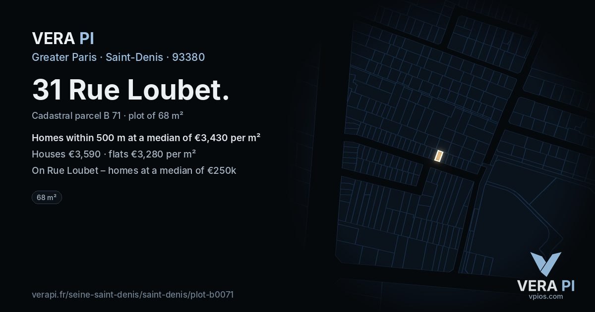 31 Rue Loubet, Saint-Denis at night – the plot lit, the parcels around coloured by the prices near them