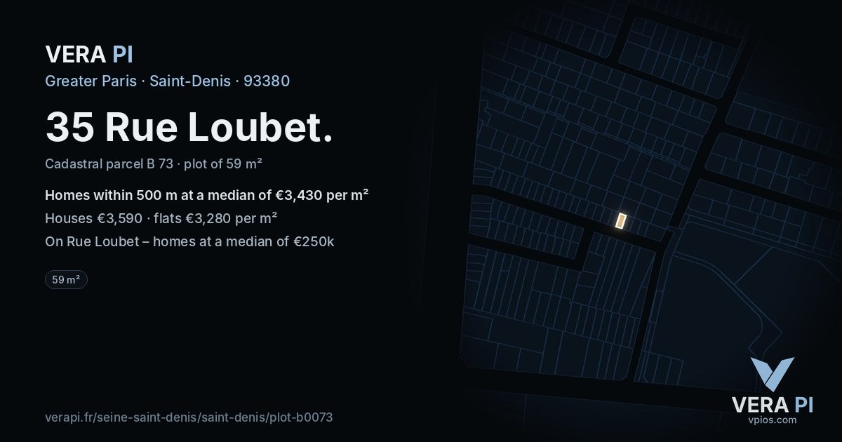 35 Rue Loubet, Saint-Denis at night – the plot lit, the parcels around coloured by the prices near them