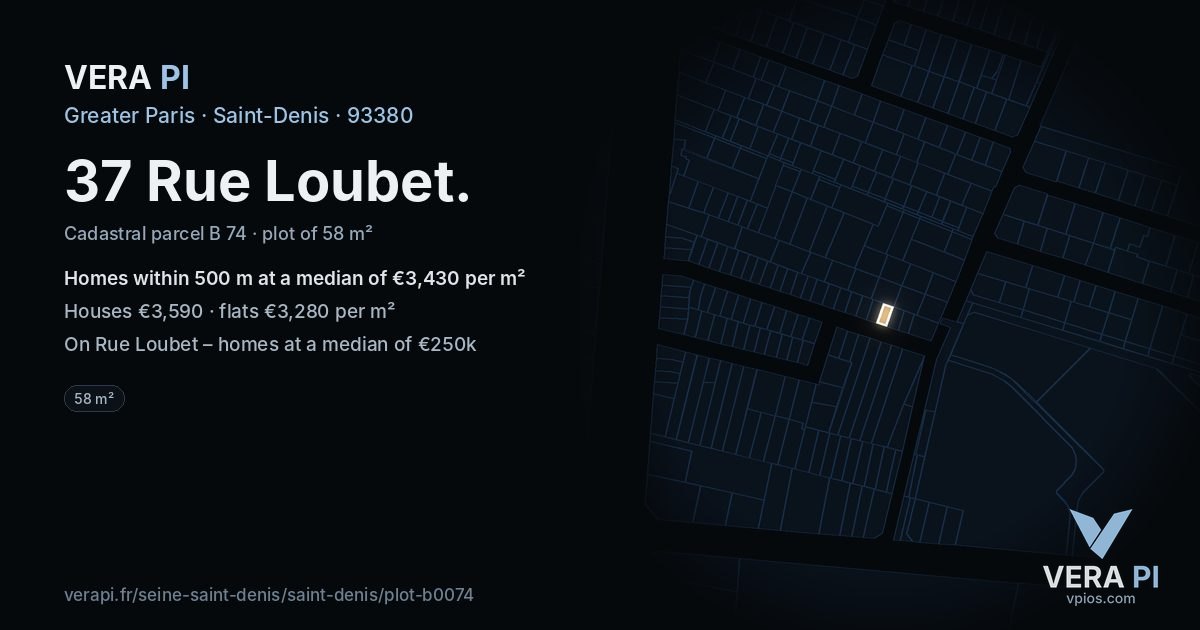 37 Rue Loubet, Saint-Denis at night – the plot lit, the parcels around coloured by the prices near them