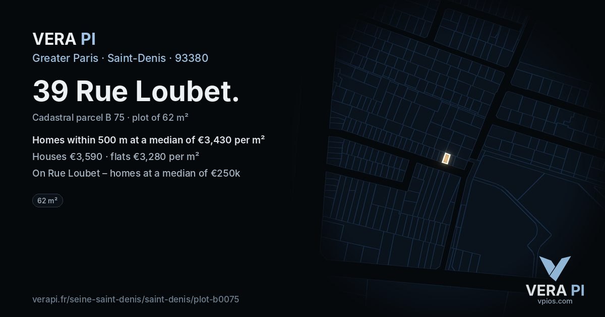 39 Rue Loubet, Saint-Denis at night – the plot lit, the parcels around coloured by the prices near them