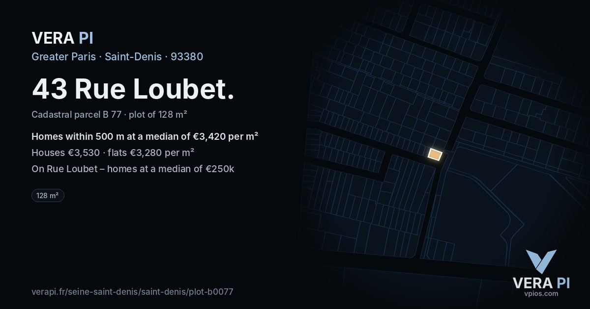 43 Rue Loubet, Saint-Denis at night – the plot lit, the parcels around coloured by the prices near them
