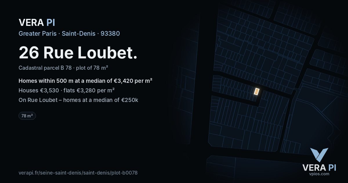 26 Rue Loubet, Saint-Denis at night – the plot lit, the parcels around coloured by the prices near them