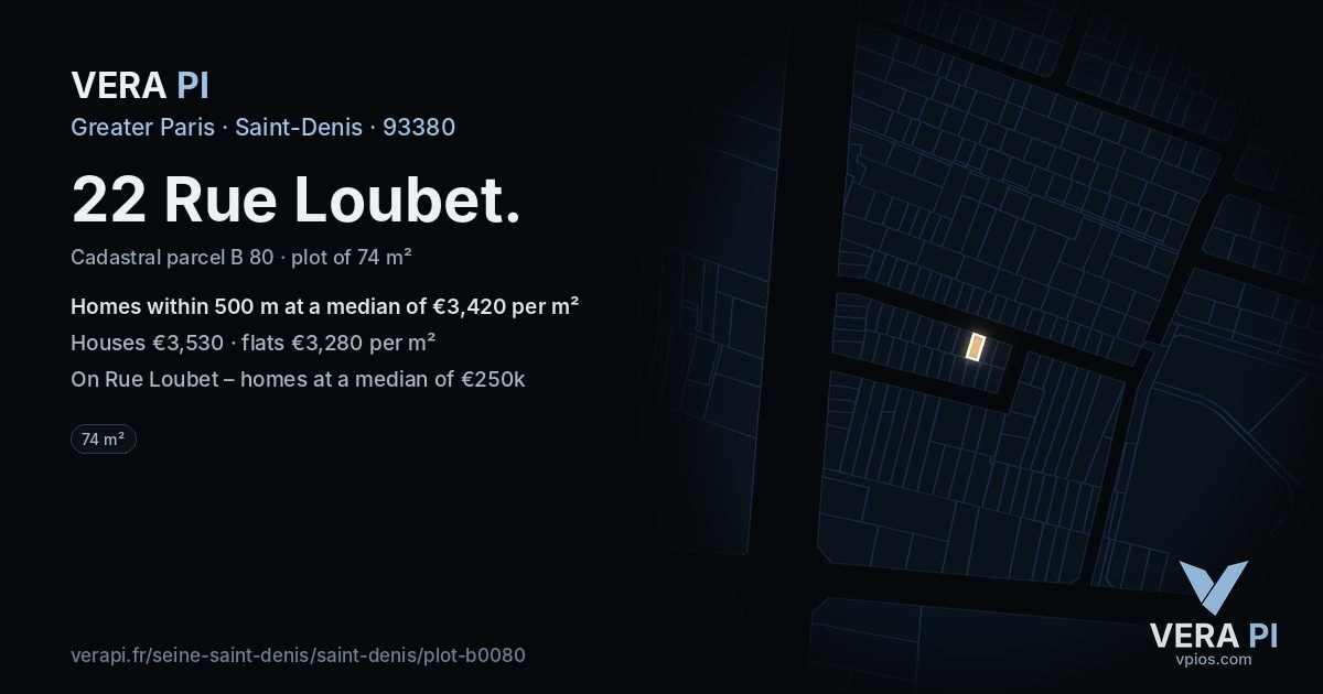 22 Rue Loubet, Saint-Denis at night – the plot lit, the parcels around coloured by the prices near them