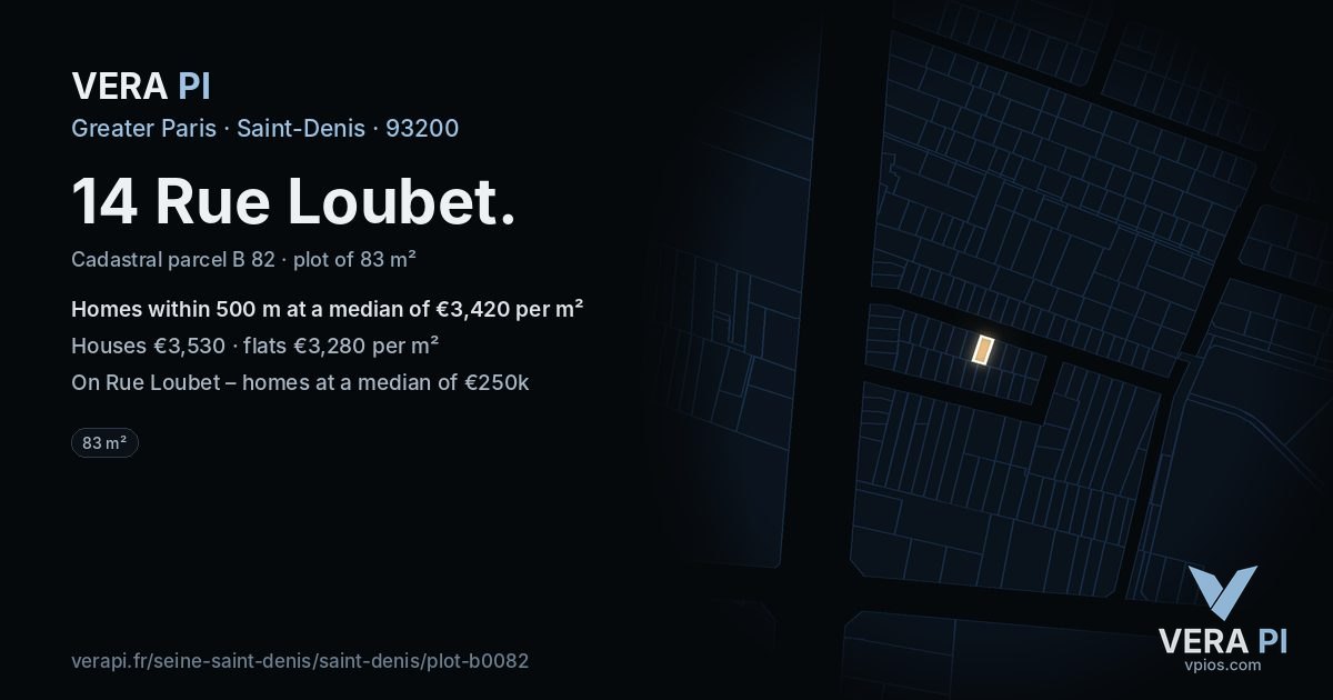 14 Rue Loubet, Saint-Denis at night – the plot lit, the parcels around coloured by the prices near them