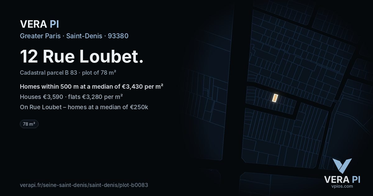 12 Rue Loubet, Saint-Denis at night – the plot lit, the parcels around coloured by the prices near them