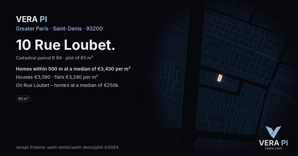 10 Rue Loubet, Saint-Denis at night – the plot lit, the parcels around coloured by the prices near them