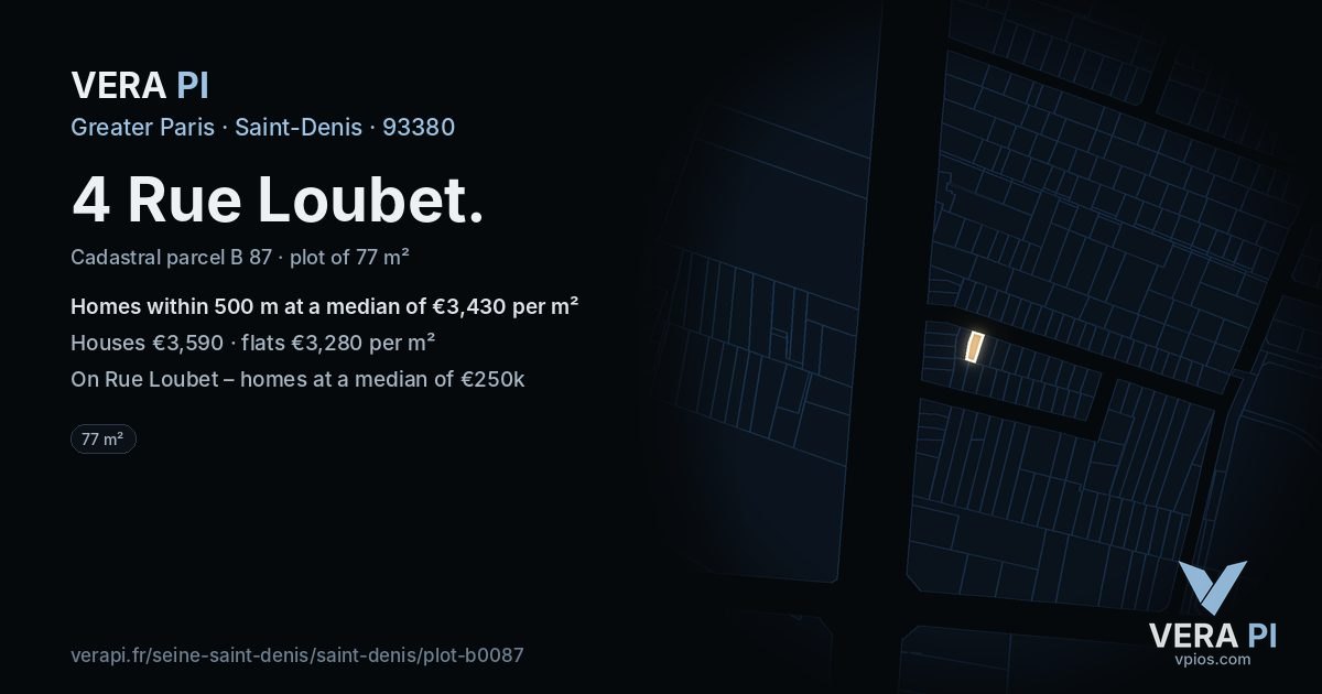 4 Rue Loubet, Saint-Denis at night – the plot lit, the parcels around coloured by the prices near them