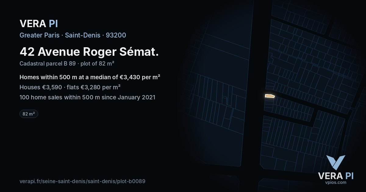 42 Avenue Roger Sémat, Saint-Denis at night – the plot lit, the parcels around coloured by the prices near them