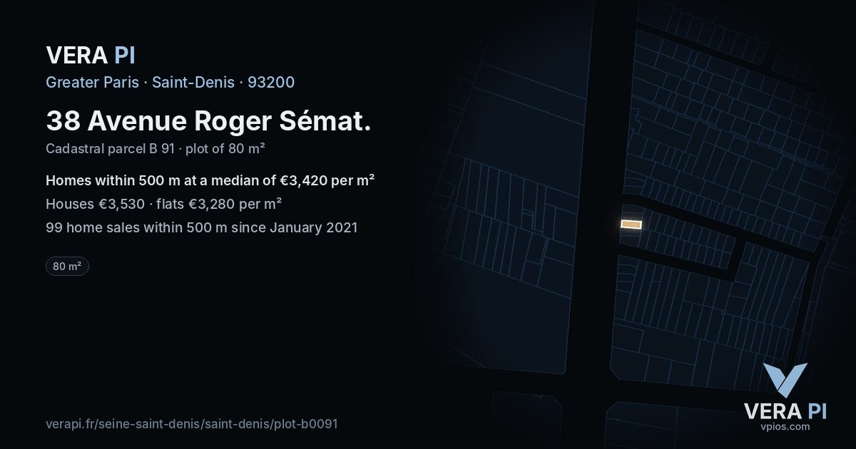 38 Avenue Roger Sémat, Saint-Denis at night – the plot lit, the parcels around coloured by the prices near them