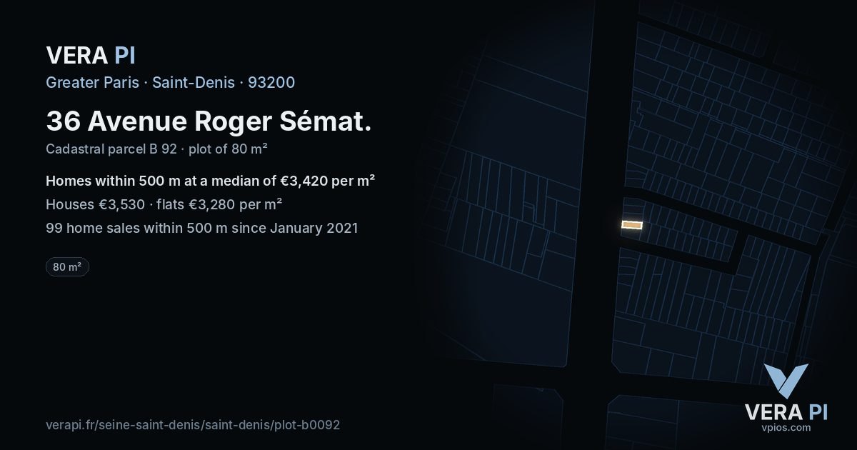36 Avenue Roger Sémat, Saint-Denis at night – the plot lit, the parcels around coloured by the prices near them