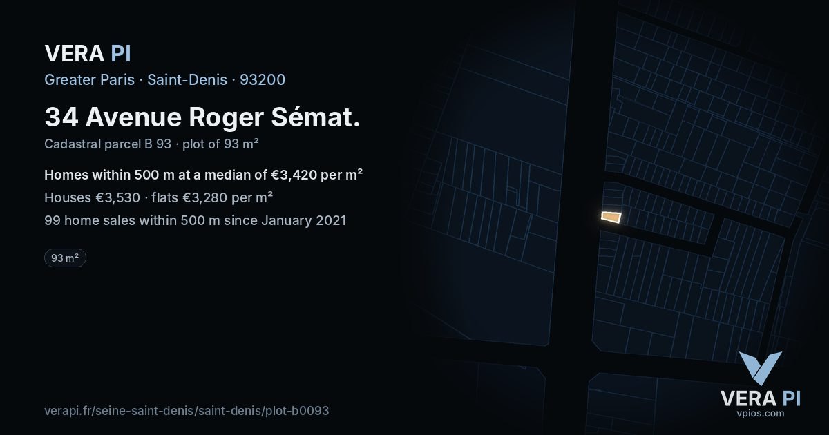 34 Avenue Roger Sémat, Saint-Denis at night – the plot lit, the parcels around coloured by the prices near them