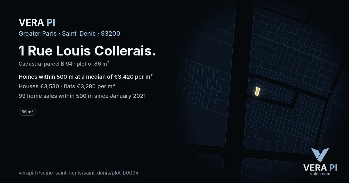1 Rue Louis Collerais, Saint-Denis at night – the plot lit, the parcels around coloured by the prices near them