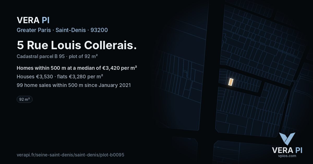 5 Rue Louis Collerais, Saint-Denis at night – the plot lit, the parcels around coloured by the prices near them