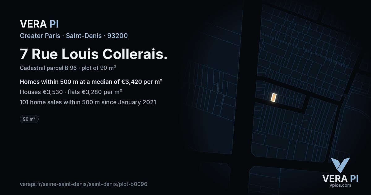 7 Rue Louis Collerais, Saint-Denis at night – the plot lit, the parcels around coloured by the prices near them