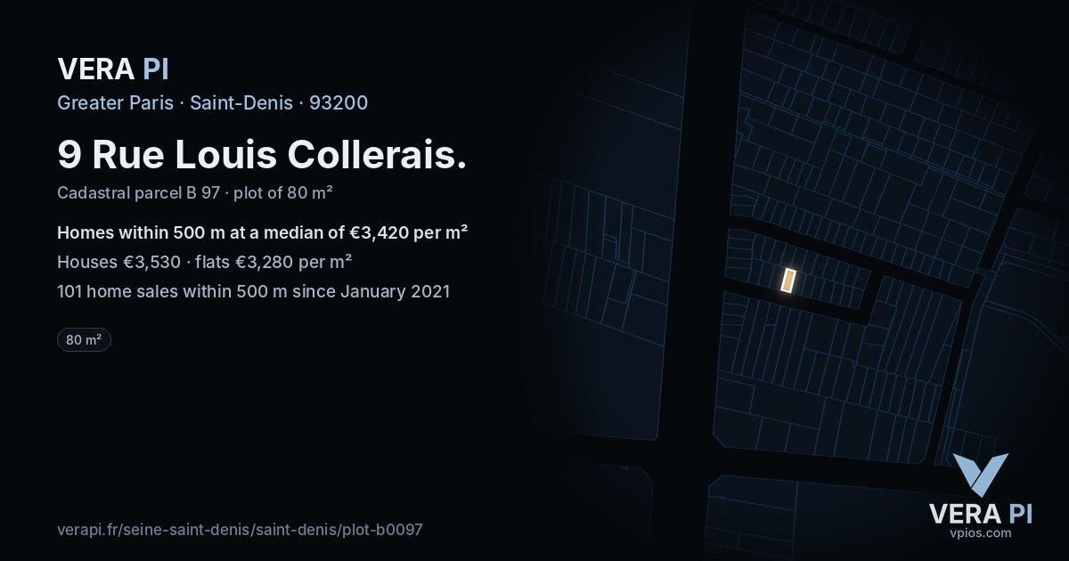 9 Rue Louis Collerais, Saint-Denis at night – the plot lit, the parcels around coloured by the prices near them