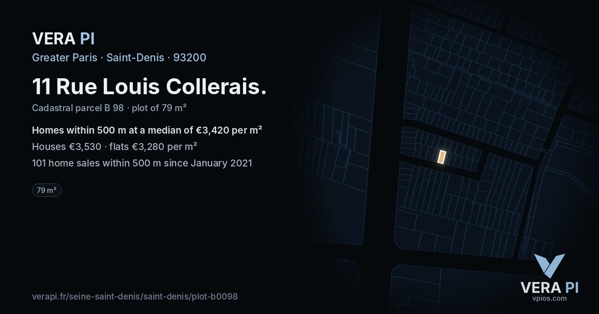 11 Rue Louis Collerais, Saint-Denis at night – the plot lit, the parcels around coloured by the prices near them