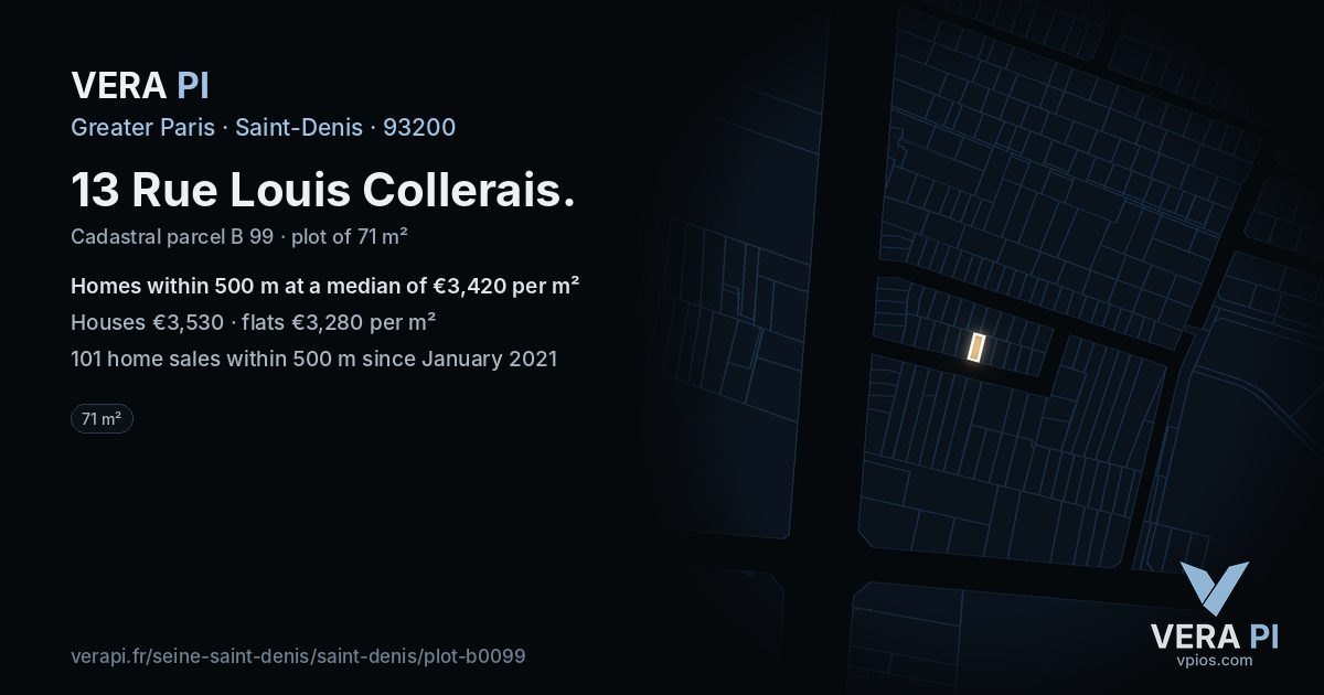 13 Rue Louis Collerais, Saint-Denis at night – the plot lit, the parcels around coloured by the prices near them