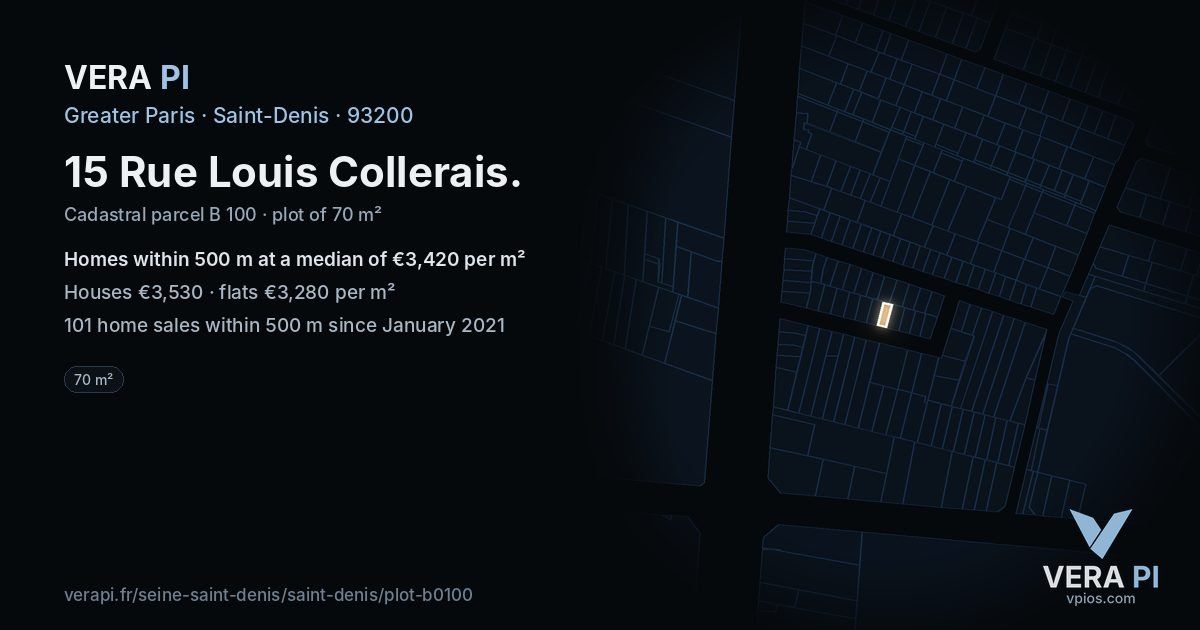15 Rue Louis Collerais, Saint-Denis at night – the plot lit, the parcels around coloured by the prices near them