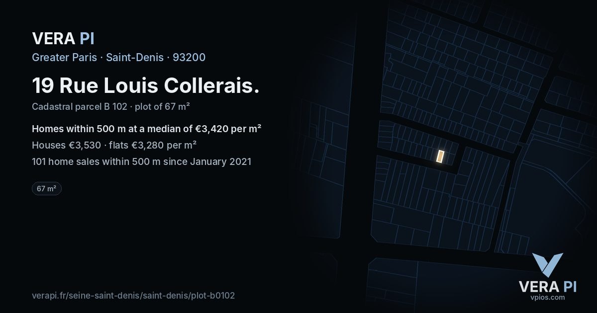 19 Rue Louis Collerais, Saint-Denis at night – the plot lit, the parcels around coloured by the prices near them