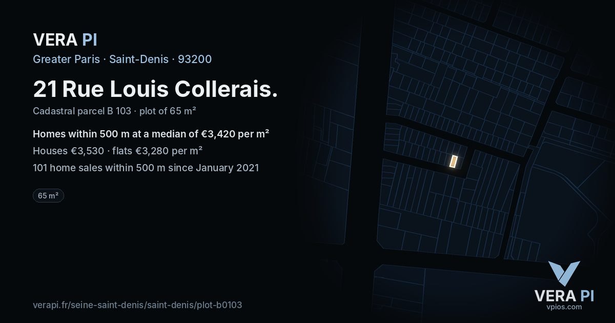 21 Rue Louis Collerais, Saint-Denis at night – the plot lit, the parcels around coloured by the prices near them