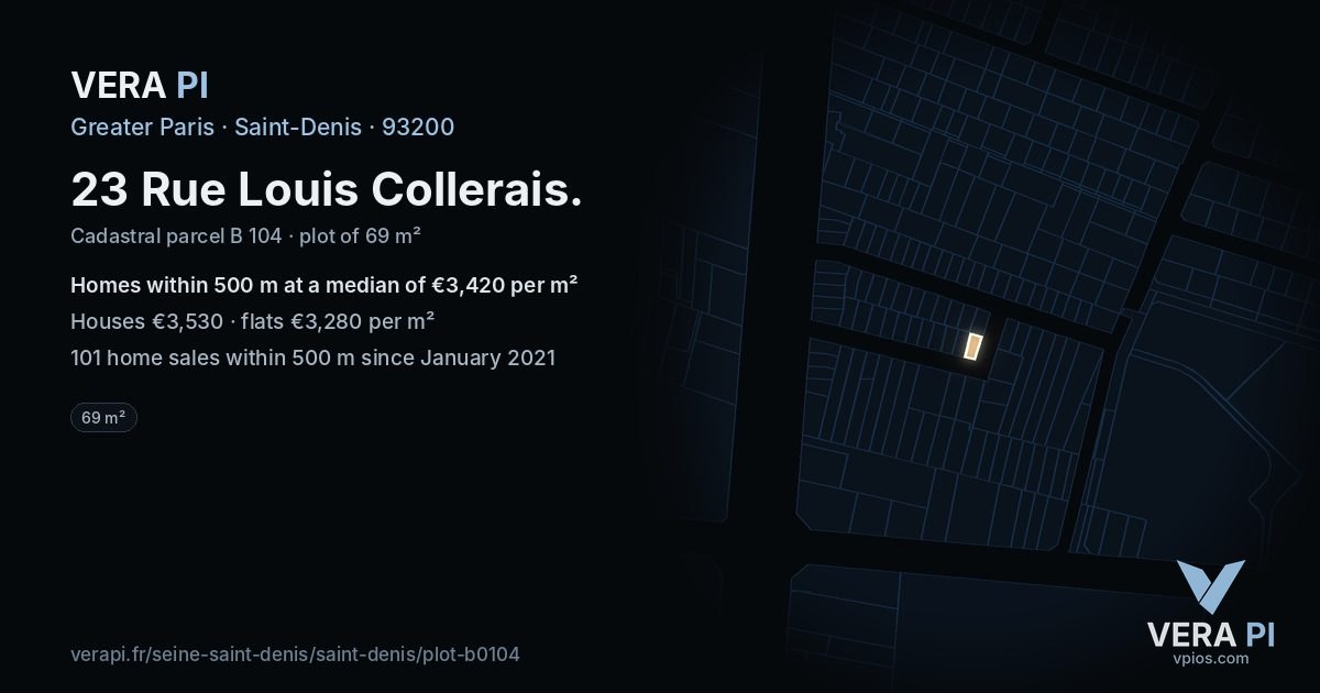 23 Rue Louis Collerais, Saint-Denis at night – the plot lit, the parcels around coloured by the prices near them