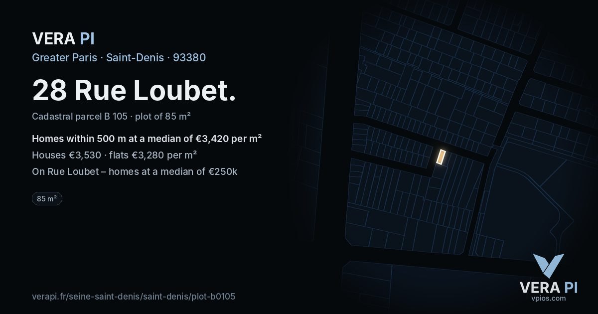 28 Rue Loubet, Saint-Denis at night – the plot lit, the parcels around coloured by the prices near them