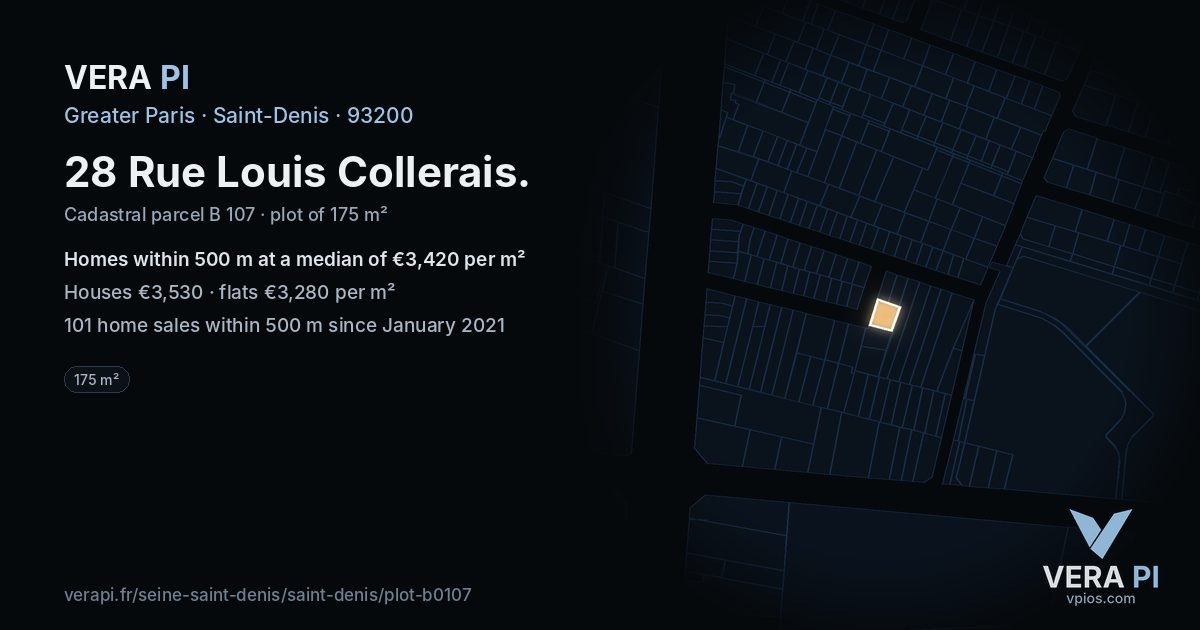 28 Rue Louis Collerais, Saint-Denis at night – the plot lit, the parcels around coloured by the prices near them