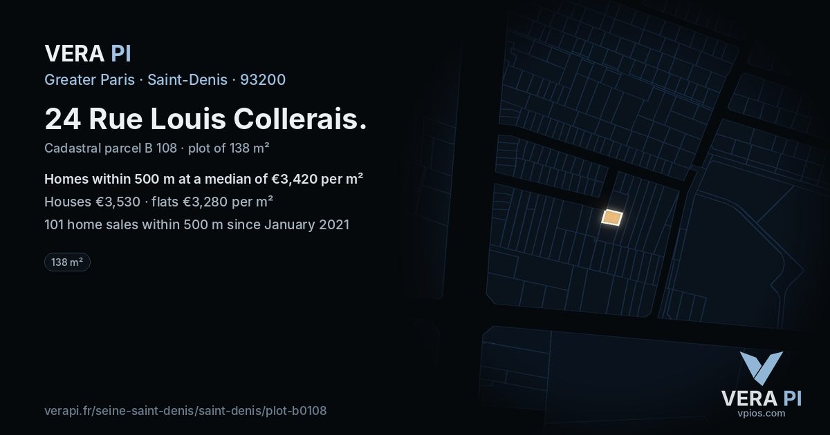 24 Rue Louis Collerais, Saint-Denis at night – the plot lit, the parcels around coloured by the prices near them