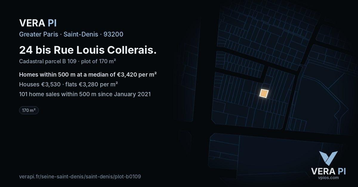 24 bis Rue Louis Collerais, Saint-Denis at night – the plot lit, the parcels around coloured by the prices near them