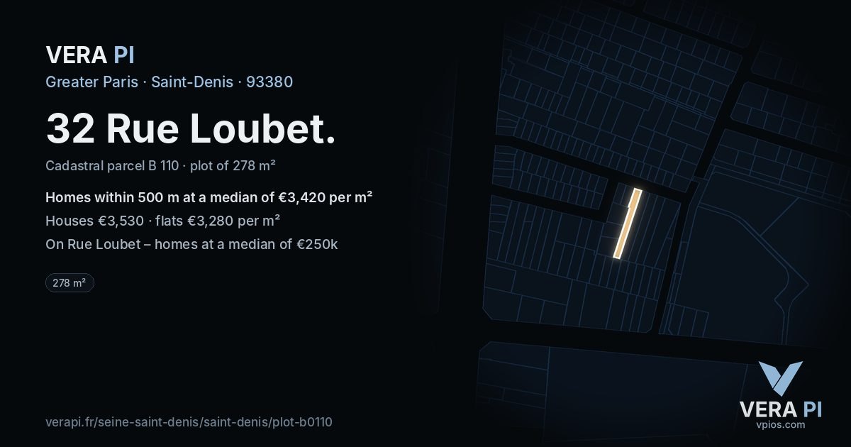 32 Rue Loubet, Saint-Denis at night – the plot lit, the parcels around coloured by the prices near them