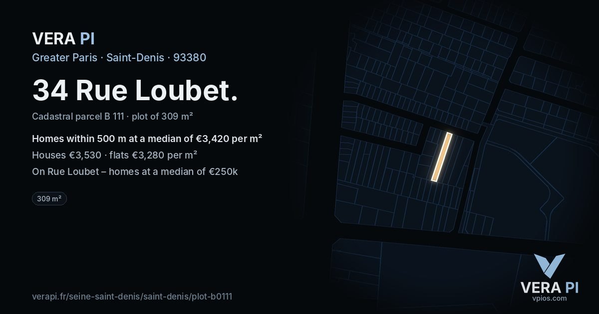 34 Rue Loubet, Saint-Denis at night – the plot lit, the parcels around coloured by the prices near them