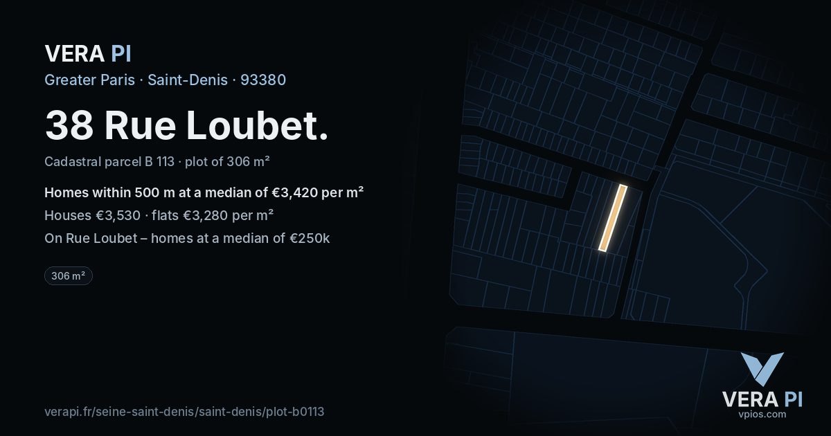 38 Rue Loubet, Saint-Denis at night – the plot lit, the parcels around coloured by the prices near them