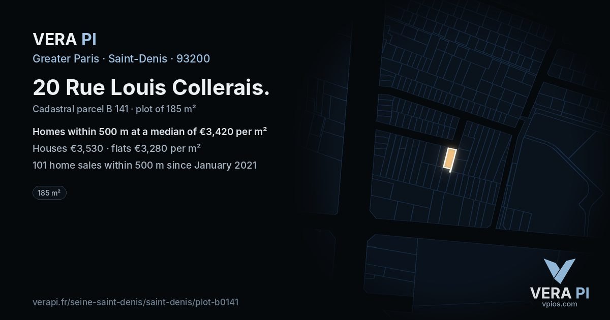 20 Rue Louis Collerais, Saint-Denis at night – the plot lit, the parcels around coloured by the prices near them