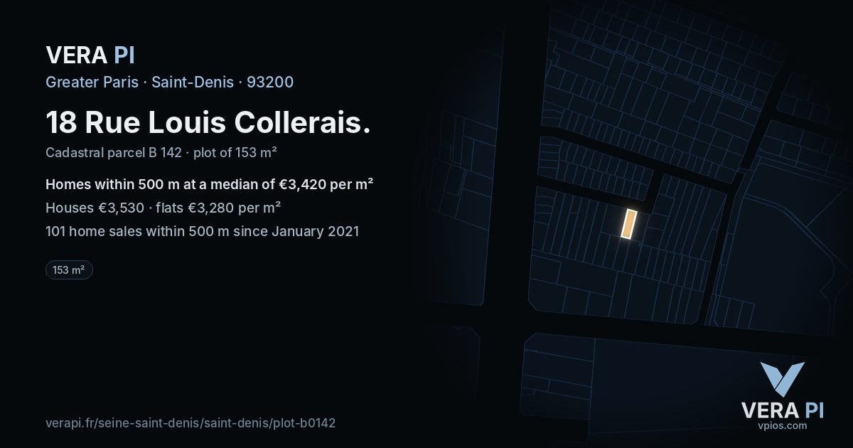 18 Rue Louis Collerais, Saint-Denis at night – the plot lit, the parcels around coloured by the prices near them