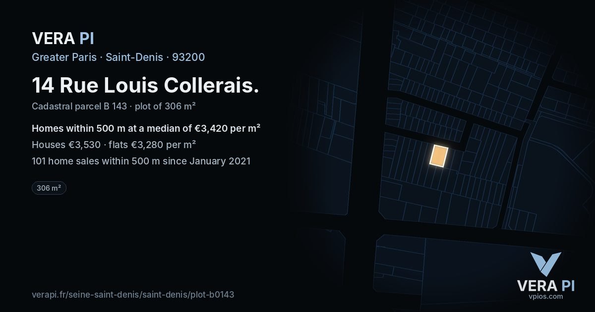 14 Rue Louis Collerais, Saint-Denis at night – the plot lit, the parcels around coloured by the prices near them