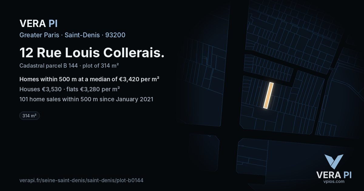 12 Rue Louis Collerais, Saint-Denis at night – the plot lit, the parcels around coloured by the prices near them